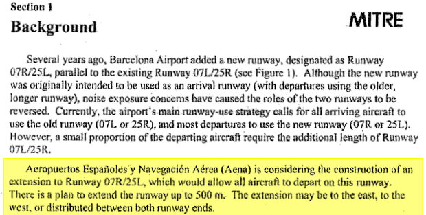 Extracto del estudio realizado para AENA por la consultora MITRE sobre el alargamiento de la tercera pista del aeropuerto de Barcelona-El Prat